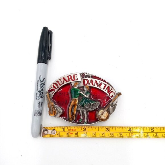 Vintage Square Dancing Belt Buckle Music Notes Red Fiddle Banjo - Picture 2 of 6